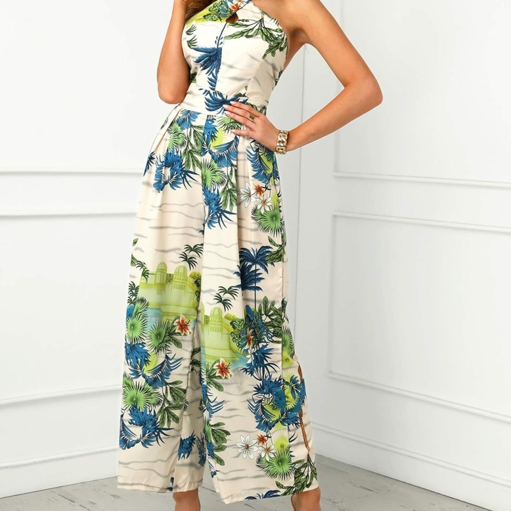 CBR Blue and Green Floral Jumpsuit with Wide-Leg Design